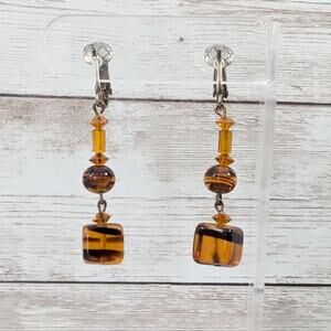 Vintage Clip On Earrings Orange/Brown Long Dangle